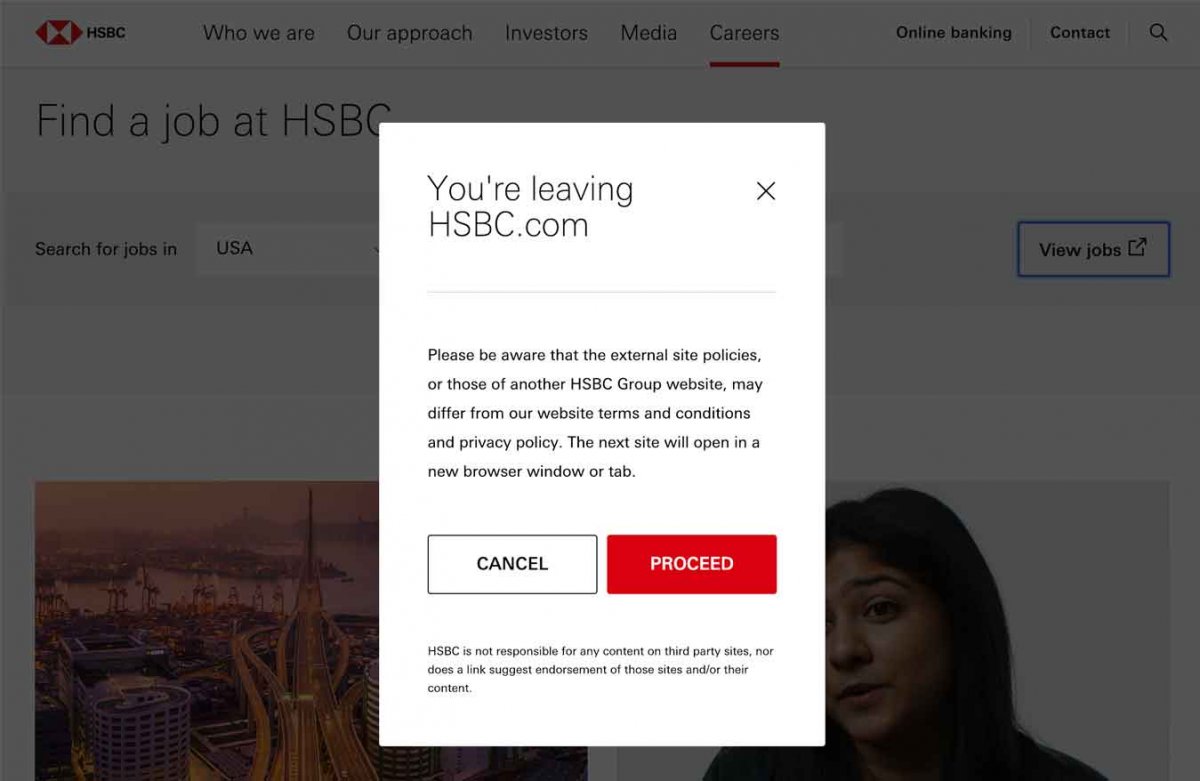 HSBC shows yet another popup warning users about going to a new site.