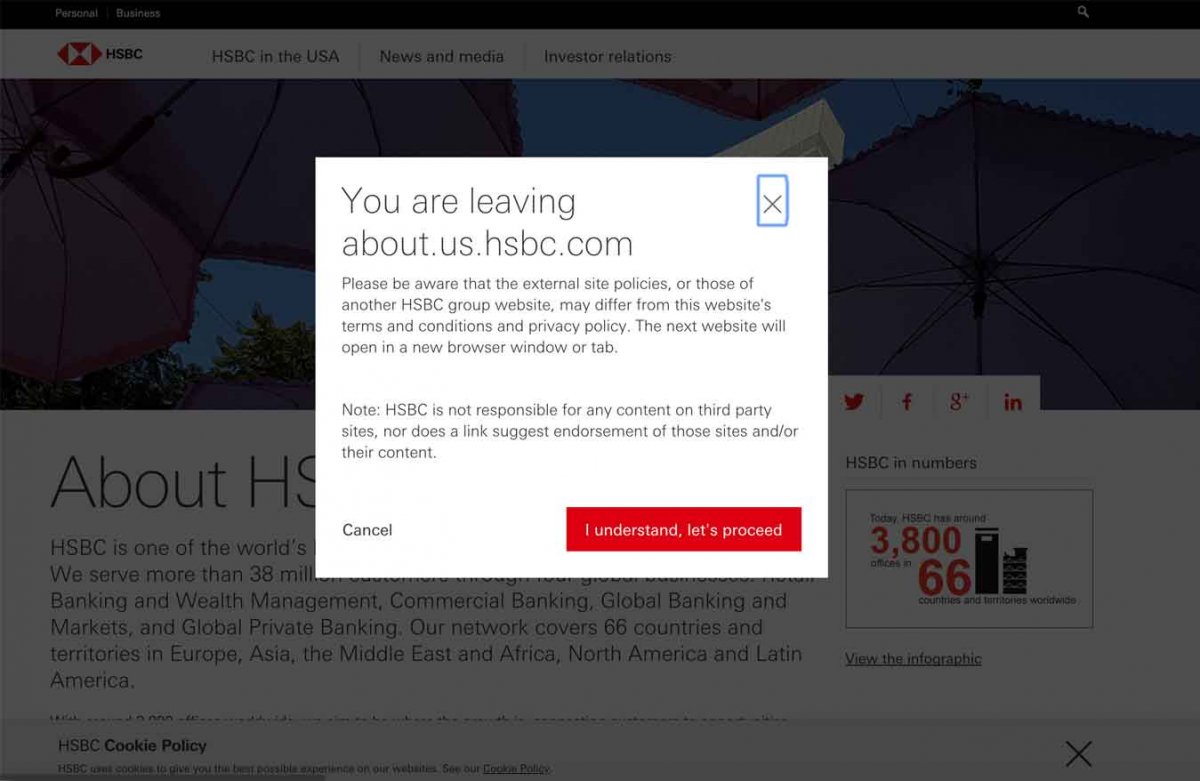 HSBC popup alerting users of going to another site. 
