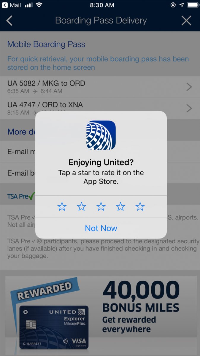United Feedback Prompt During Boarding Pass Download